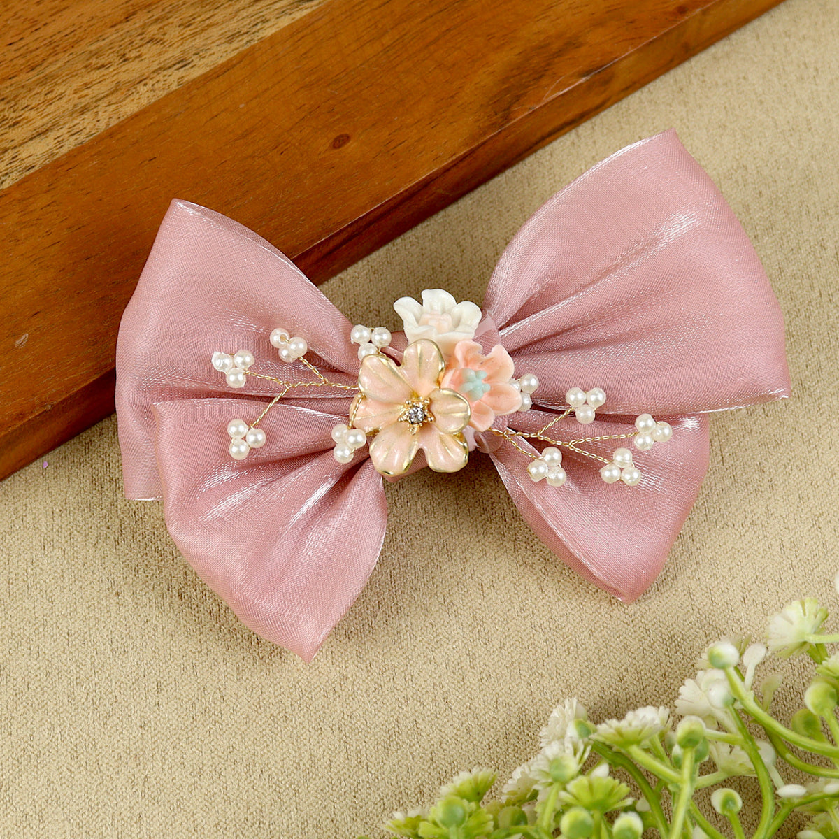 Pink Floral Charm Bow Hair Clip, laid flat