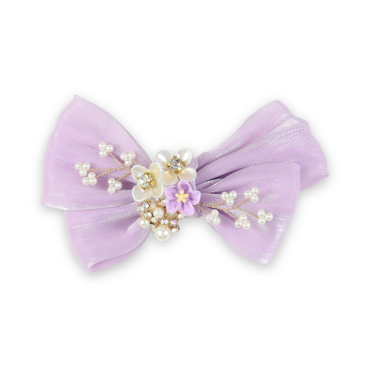 Purple Floral Charm Bow Hair Clip worn in hair, showing the floral charm on the bow