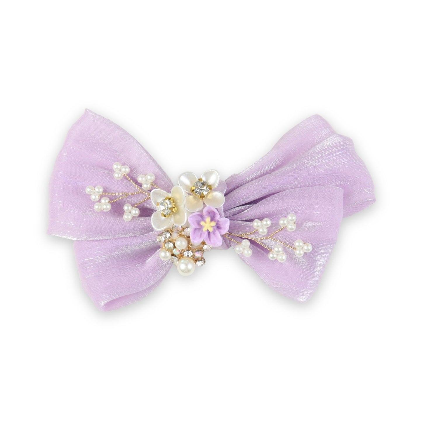 Purple Floral Charm Bow Hair Clip worn in hair, showing the floral charm on the bow