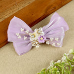 Purple Floral Charm Bow Hair Clip, laid flat