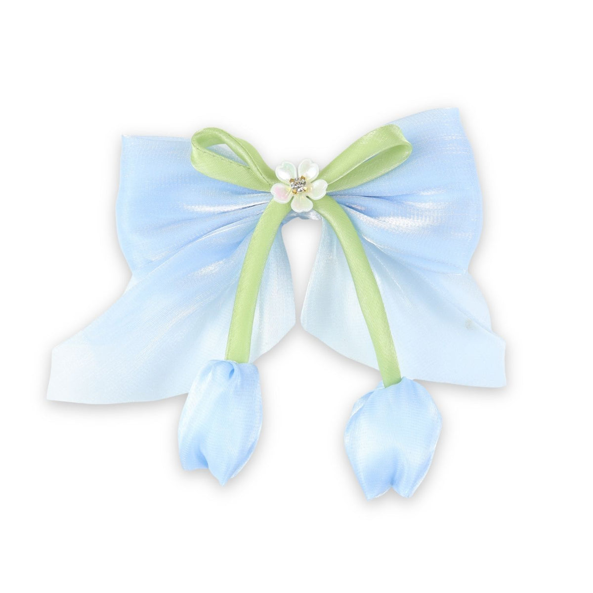 Blue Floral Charm Bow Hair Clip worn in hair, showing the floral charm on the bow