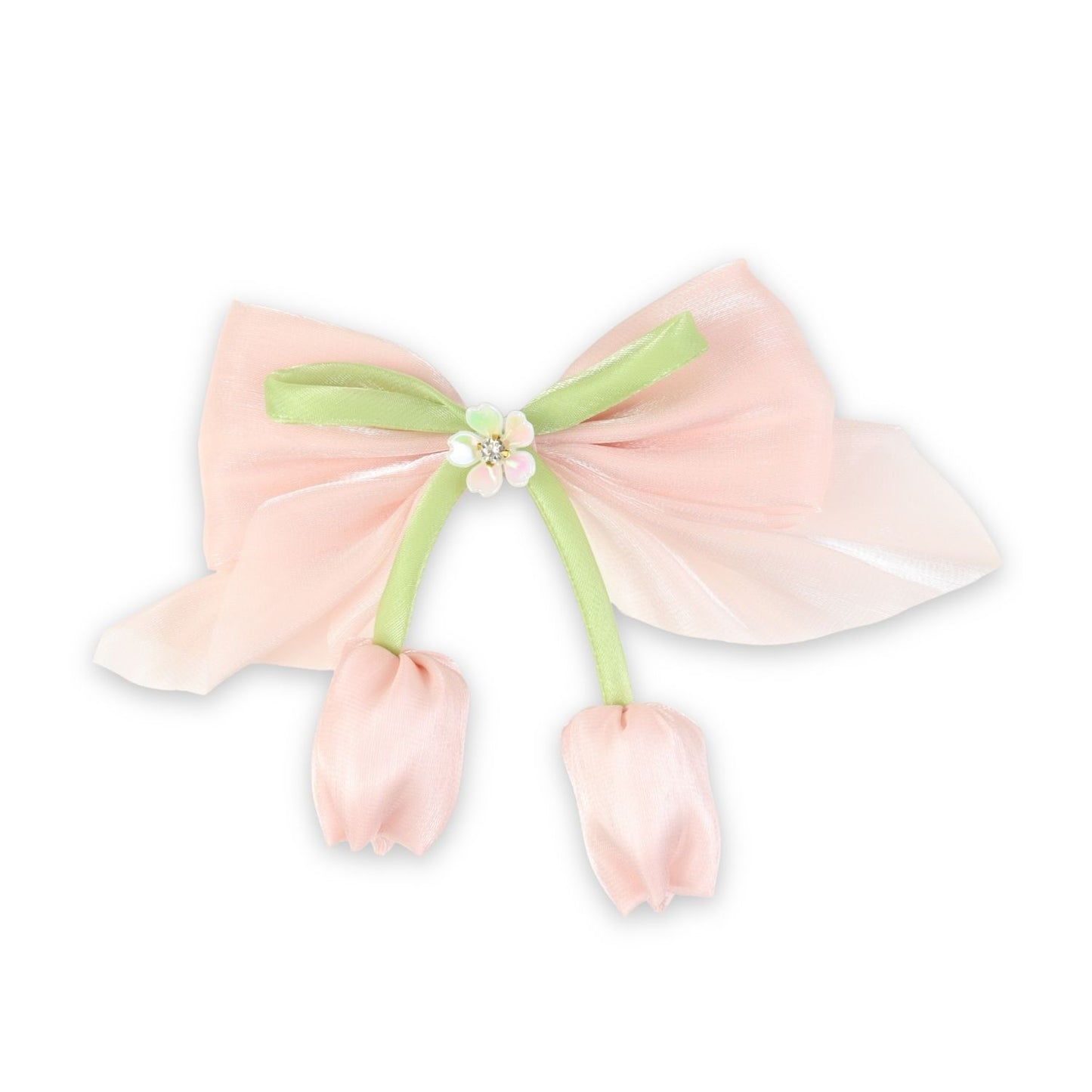 Pink Floral Charm Bow Hair Clip worn in hair, showing the floral charm on the bow