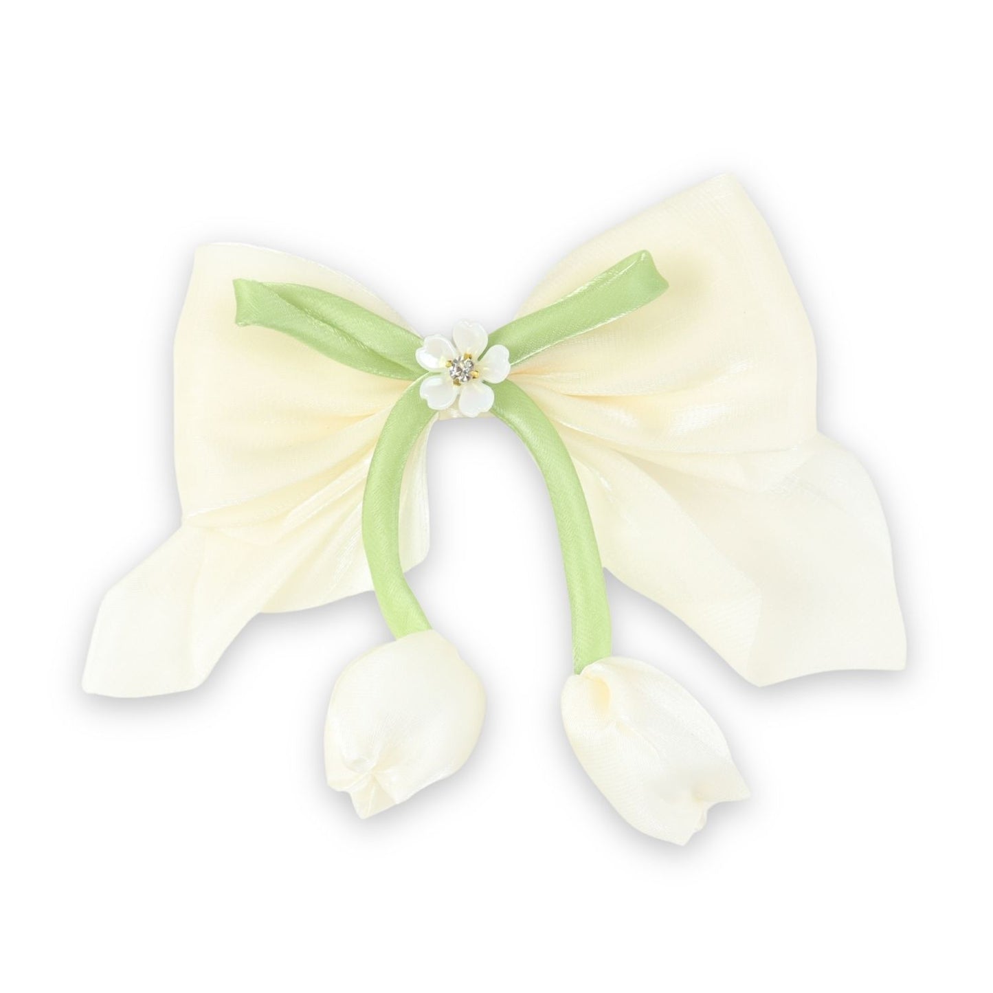 White Floral Charm Bow Hair Clip worn in hair, showing the floral charm on the bow
