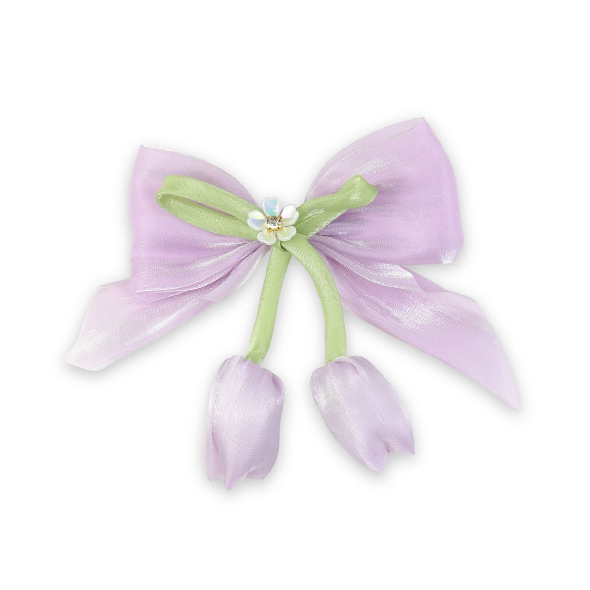 Purple Floral Charm Bow Hair Clip worn in hair, showing the floral charm on the bow