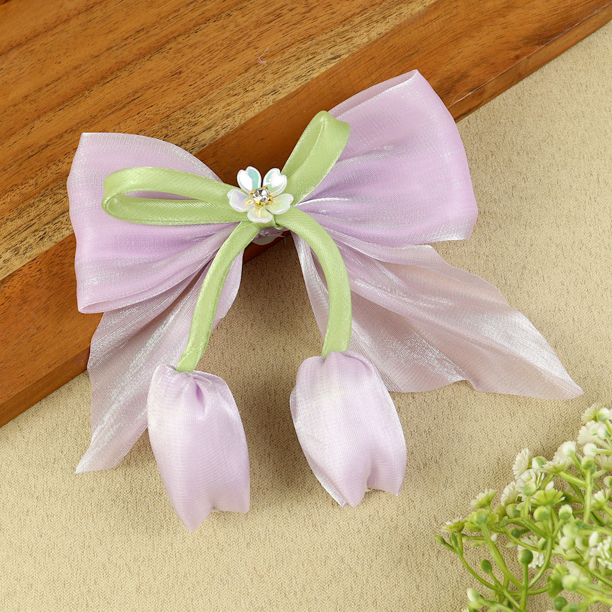 Purple Floral Charm Bow Hair Clip, laid flat