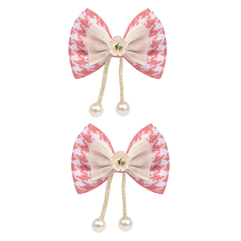 Pink Bow Tassels Hair Clips worn in hair, showing the tassel drop