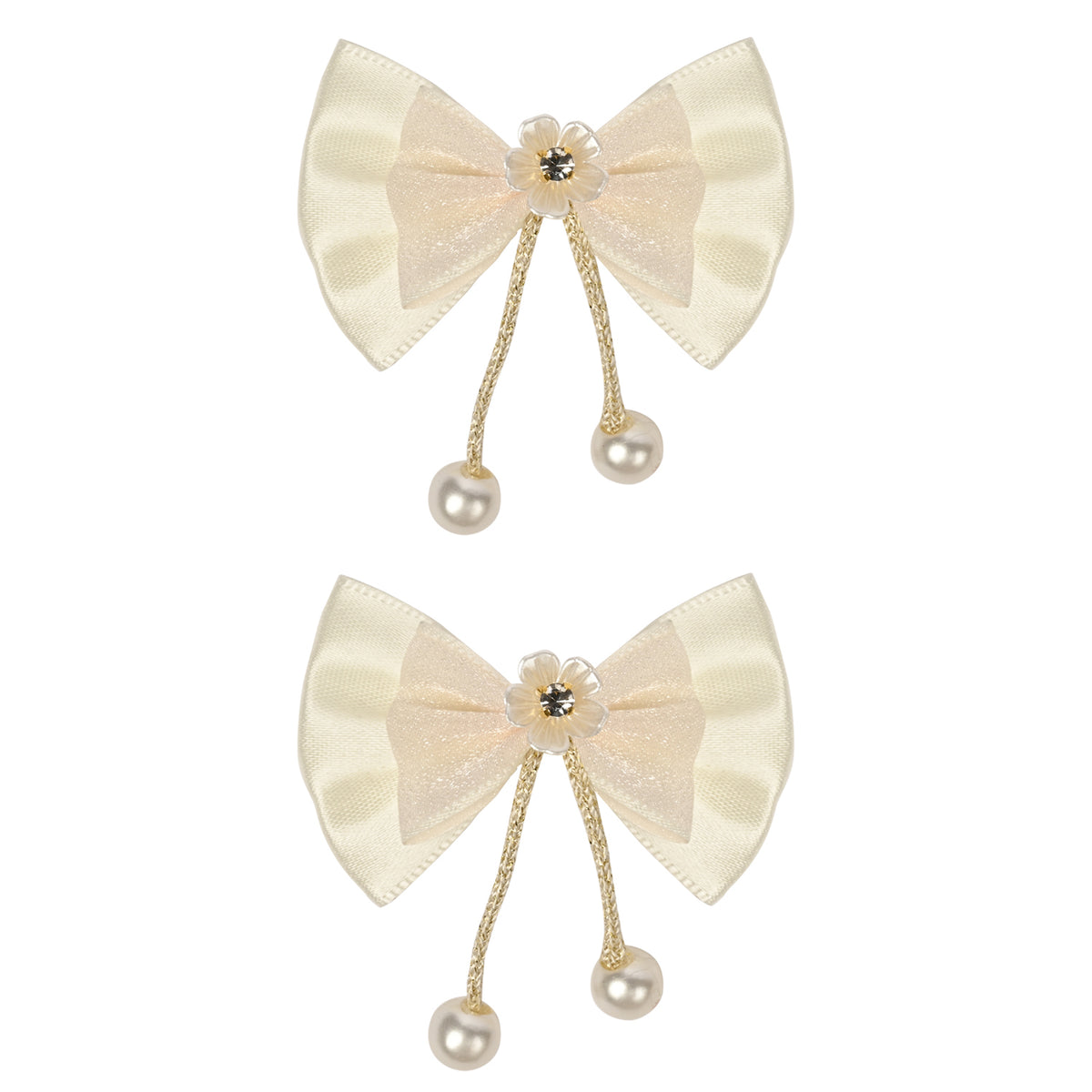 White Bow Tassels Hair Clips worn in hair, showing the tassel drop