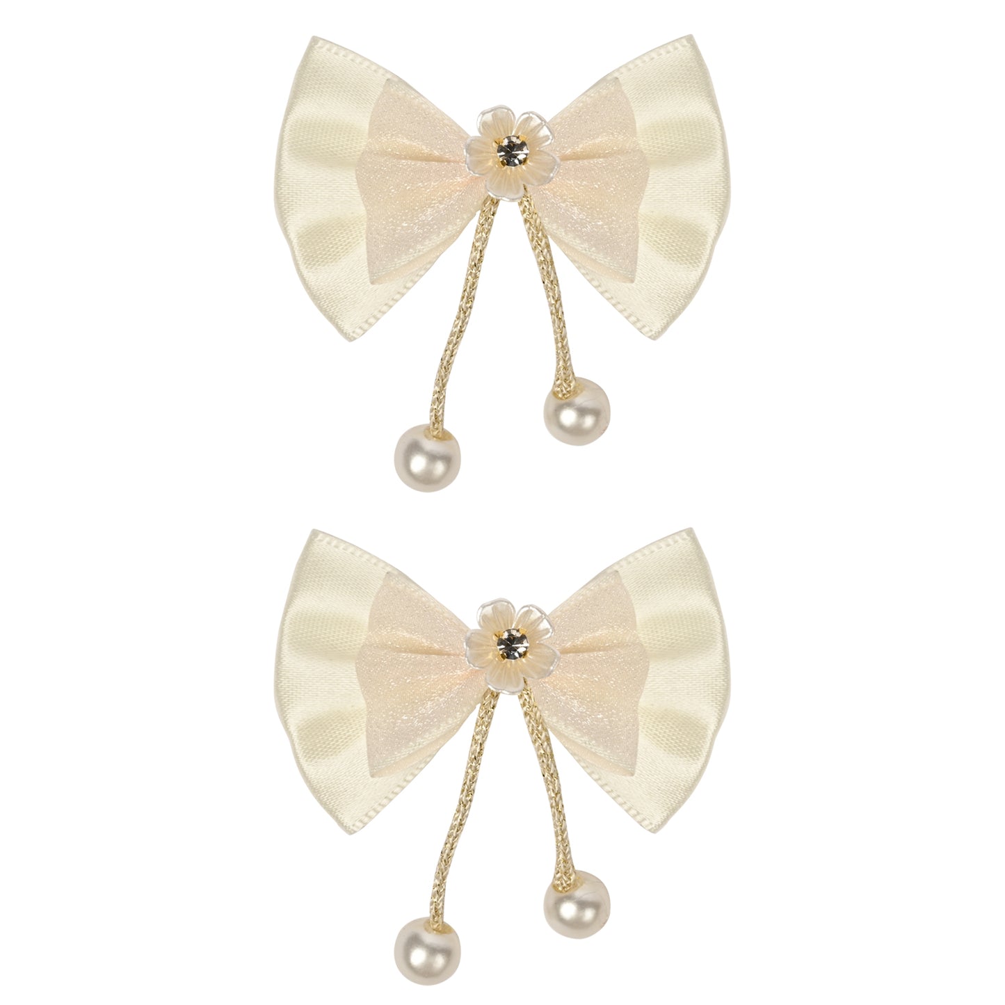 White Bow Tassels Hair Clips worn in hair, showing the tassel drop