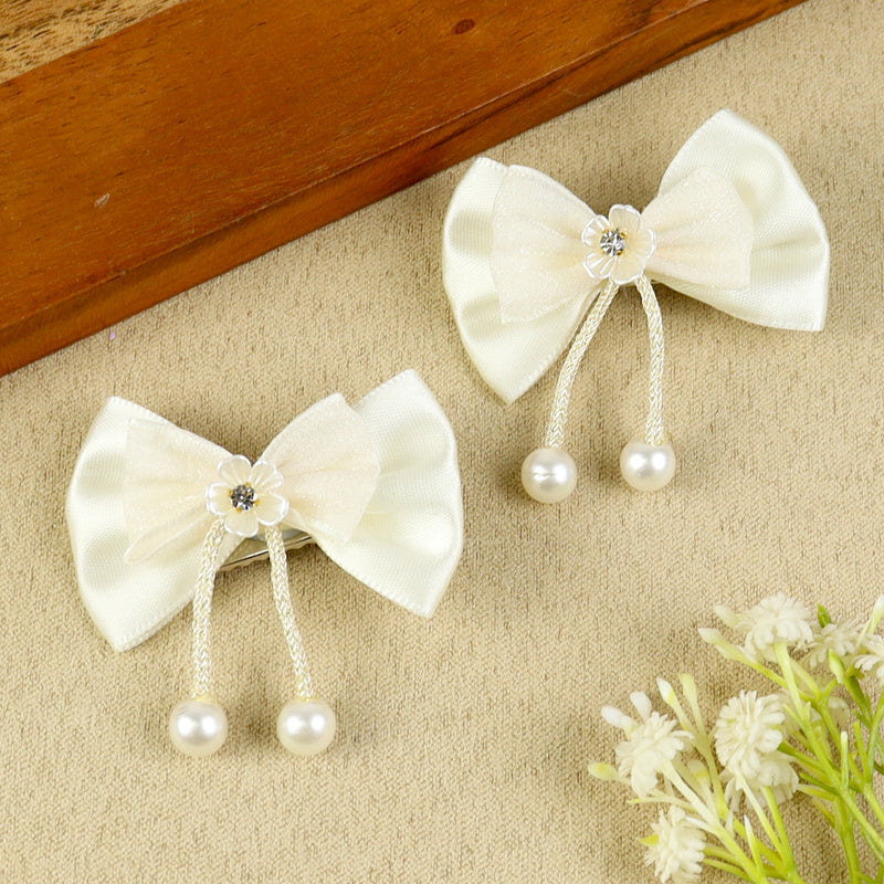 Set of 2 White Bow Tassels Hair Clips, laid flat