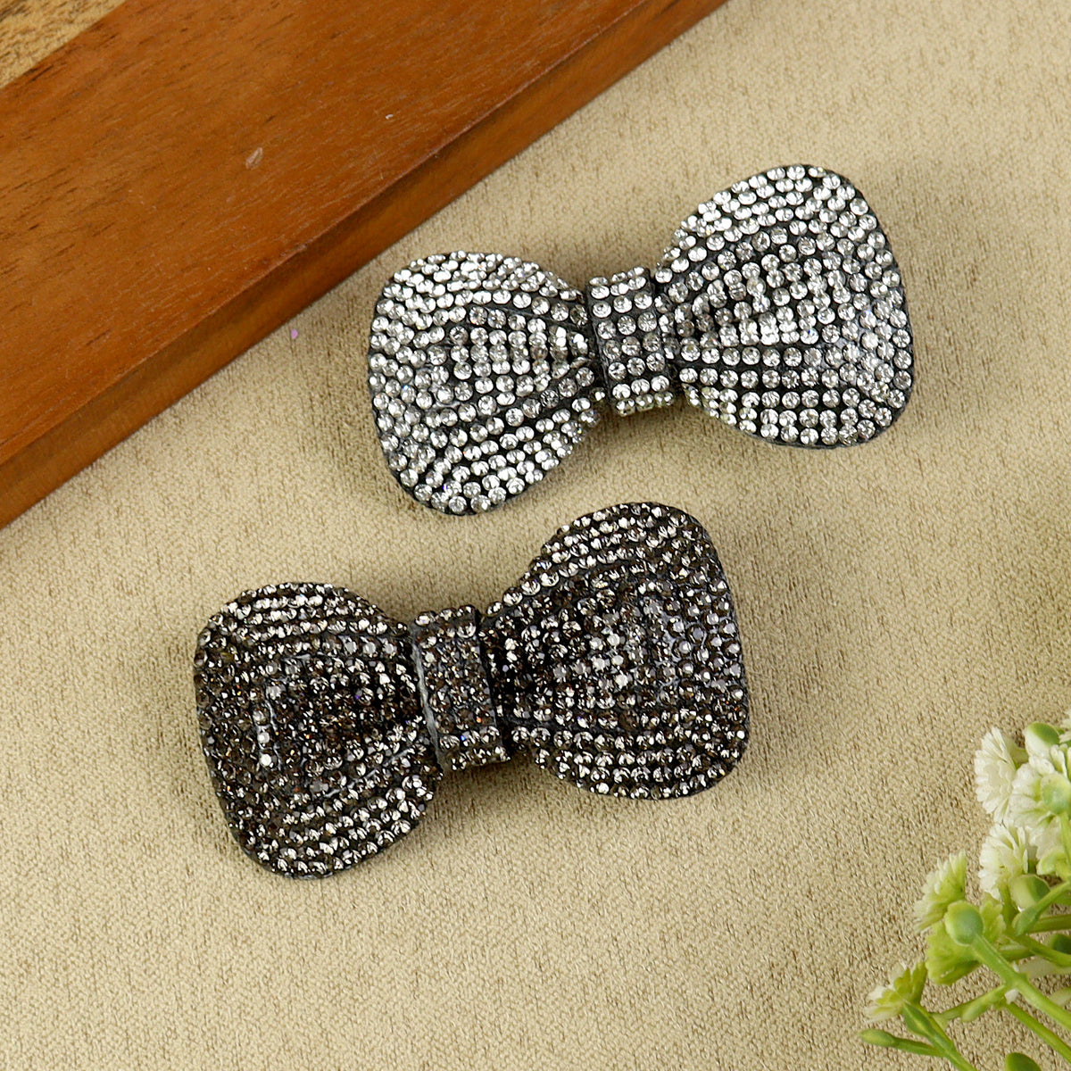 Set of 2 Black Crystal Studded Hair Clips, laid flat