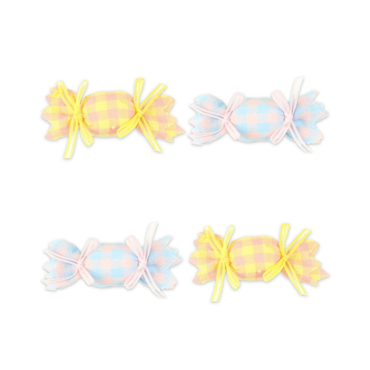 Blue and Yellow Fabric Candy Hair Clips worn in hair, showing the fabric candy shape