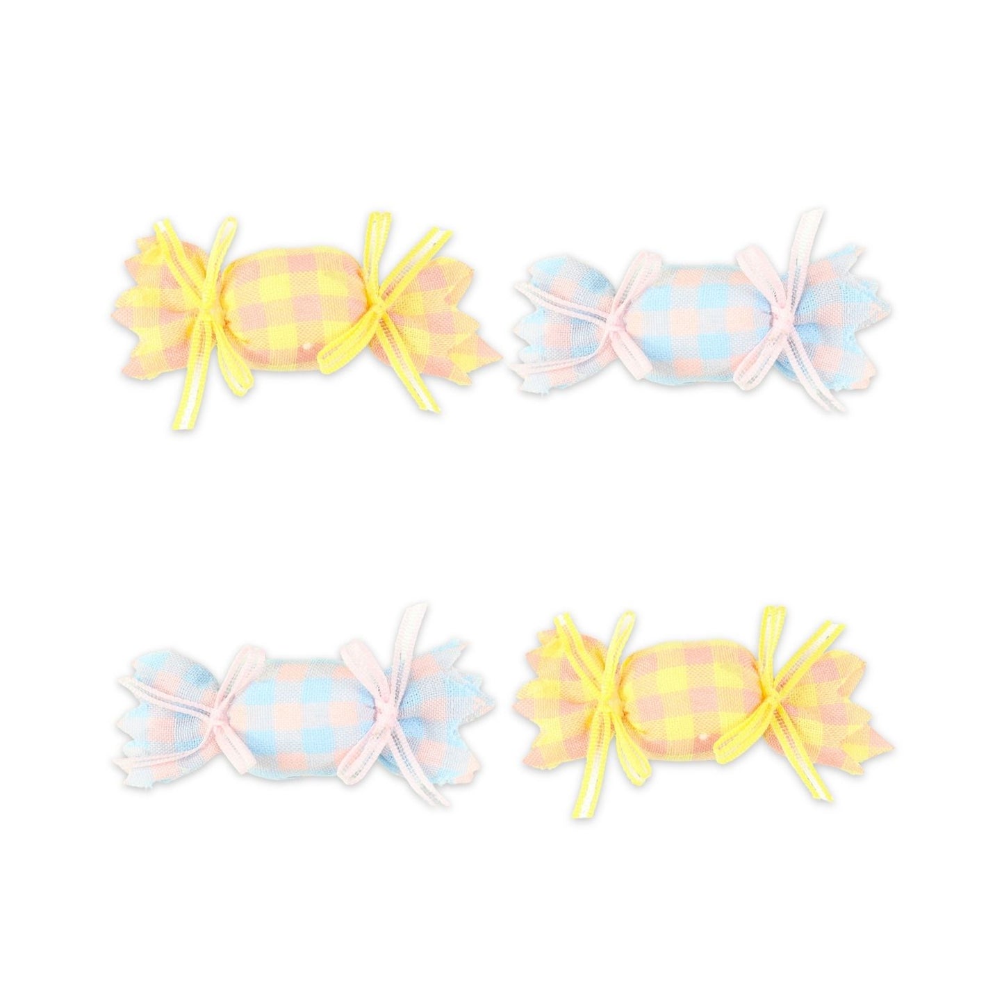 Blue and Yellow Fabric Candy Hair Clips worn in hair, showing the fabric candy shape