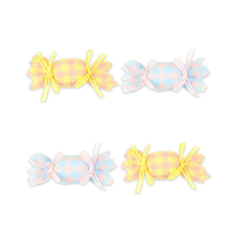 Blue and Yellow Fabric Candy Hair Clips worn in hair, showing the fabric candy shape