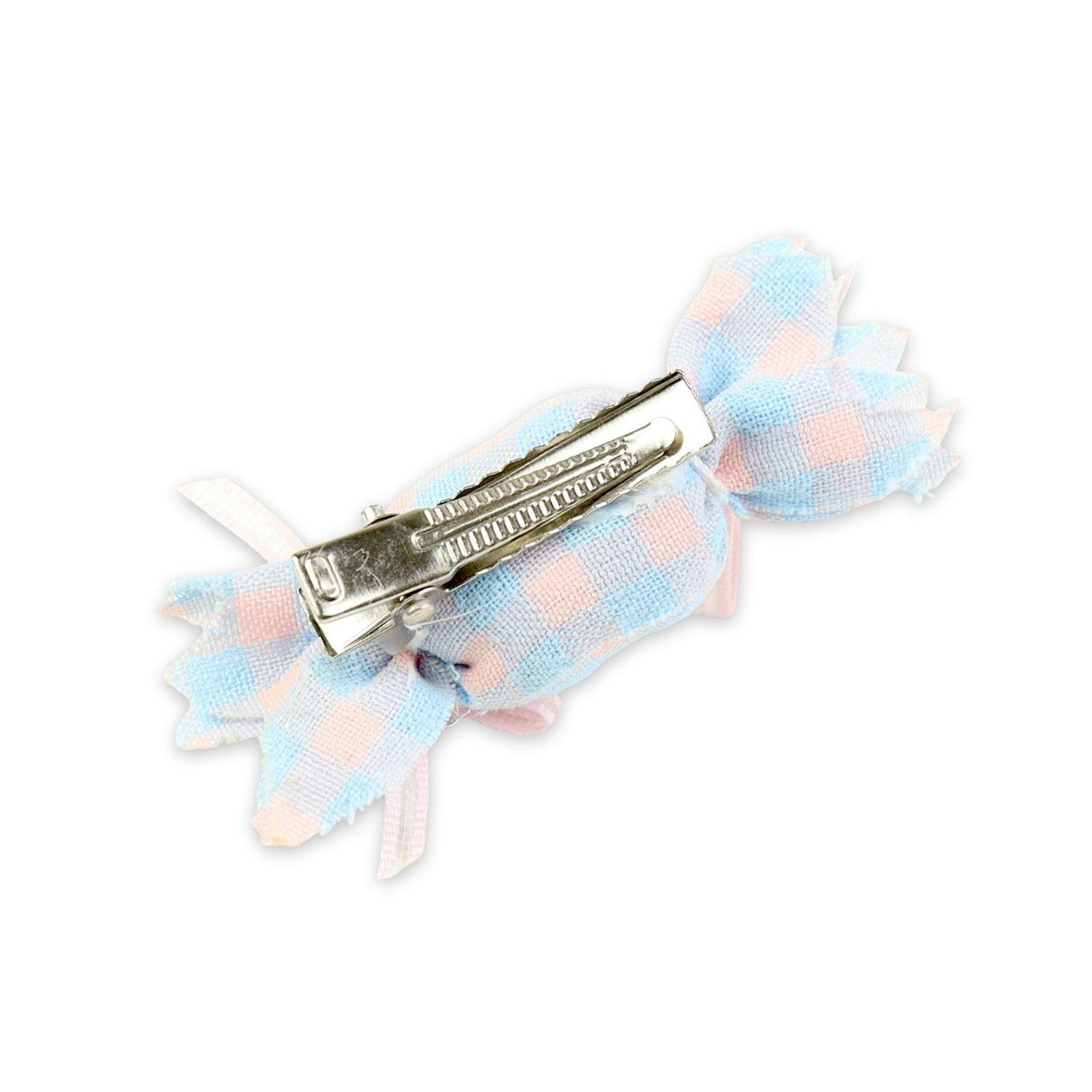 Close-up of the fabric candy shape on the blue and yellow clip