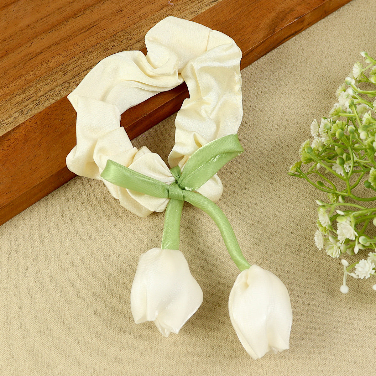 White Floral Hair Tie, laid flat