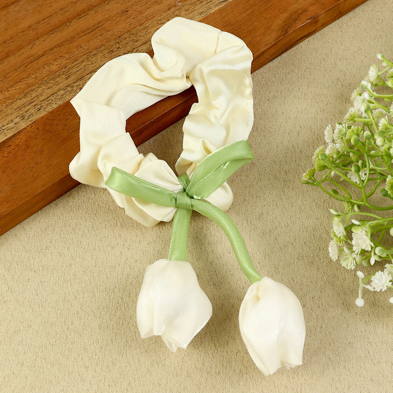 White Floral Hair Tie, laid flat