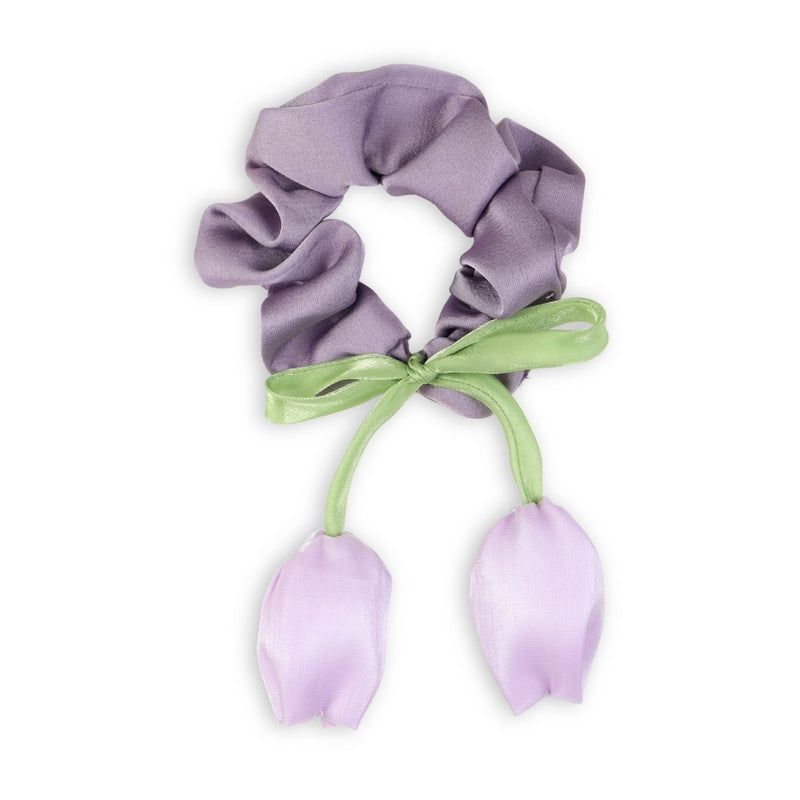 Purple Floral Hair Tie worn in hair, showing the floral detail