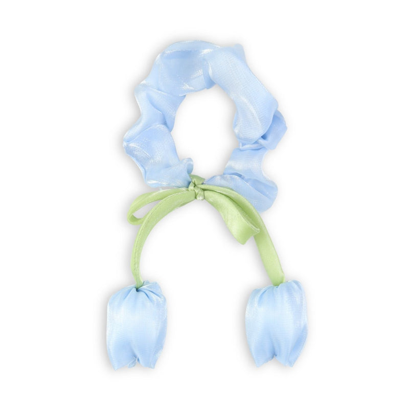 Blue Floral Hair Tie worn in hair, showing the floral detail