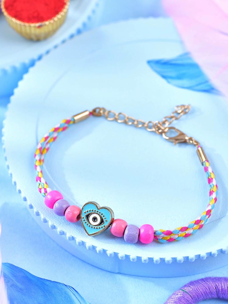 Heart evil eye charm bracelet Rakhi for kids in metal and thread