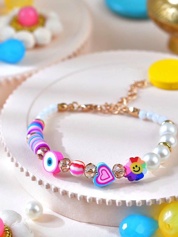 Heart smiley beaded bracelet Rakhi for kids in colourful plastic beads