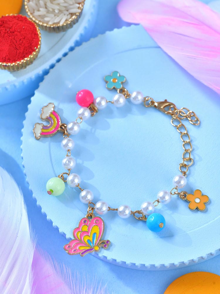 Butterfly rainbow charm bracelet Rakhi in metal charms and colourful beads