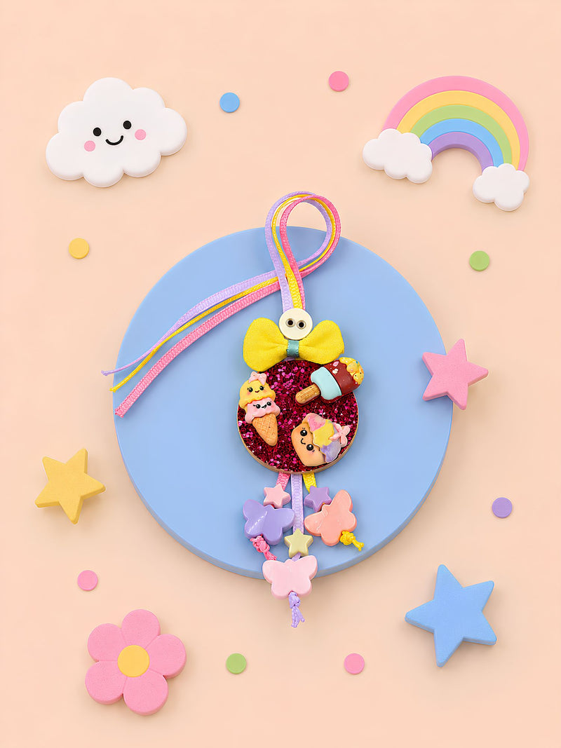 Multi-charm Rakhi with beads and metal charms, 