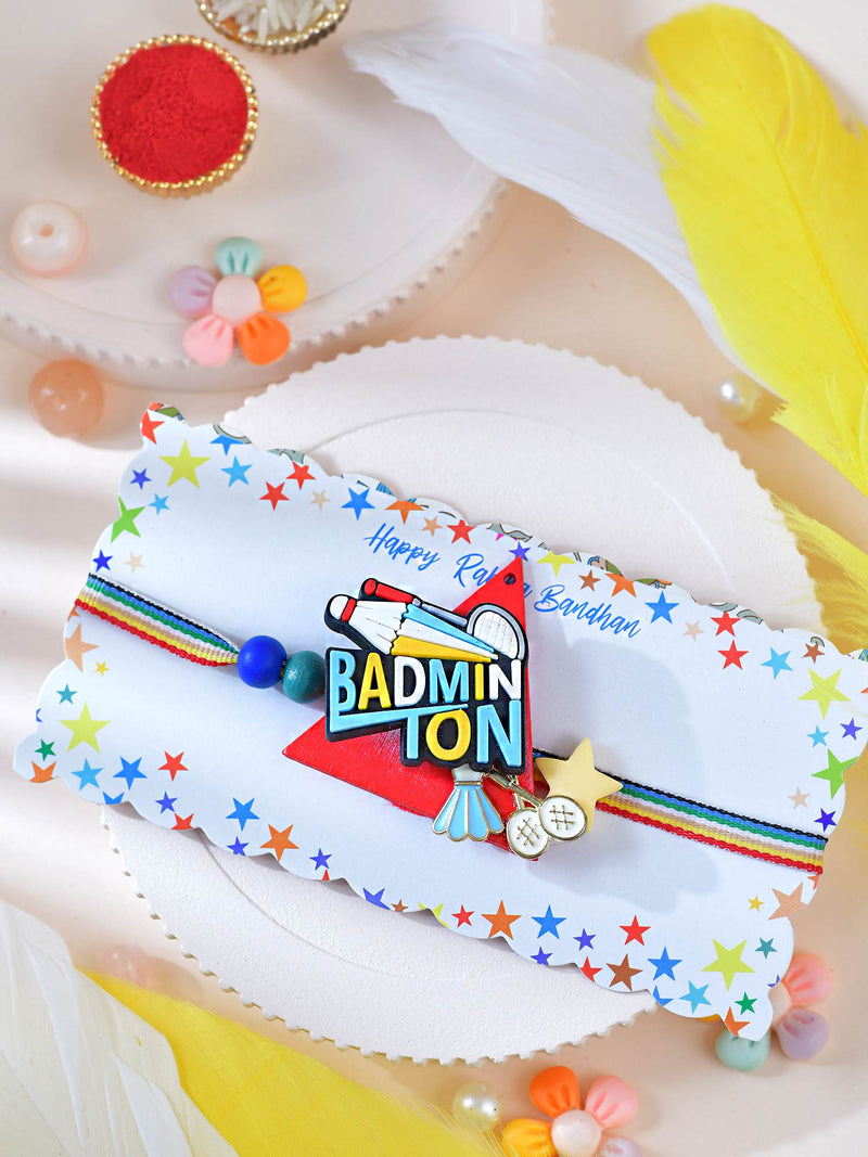 Asthetika badminton kids Rakhi in packaging