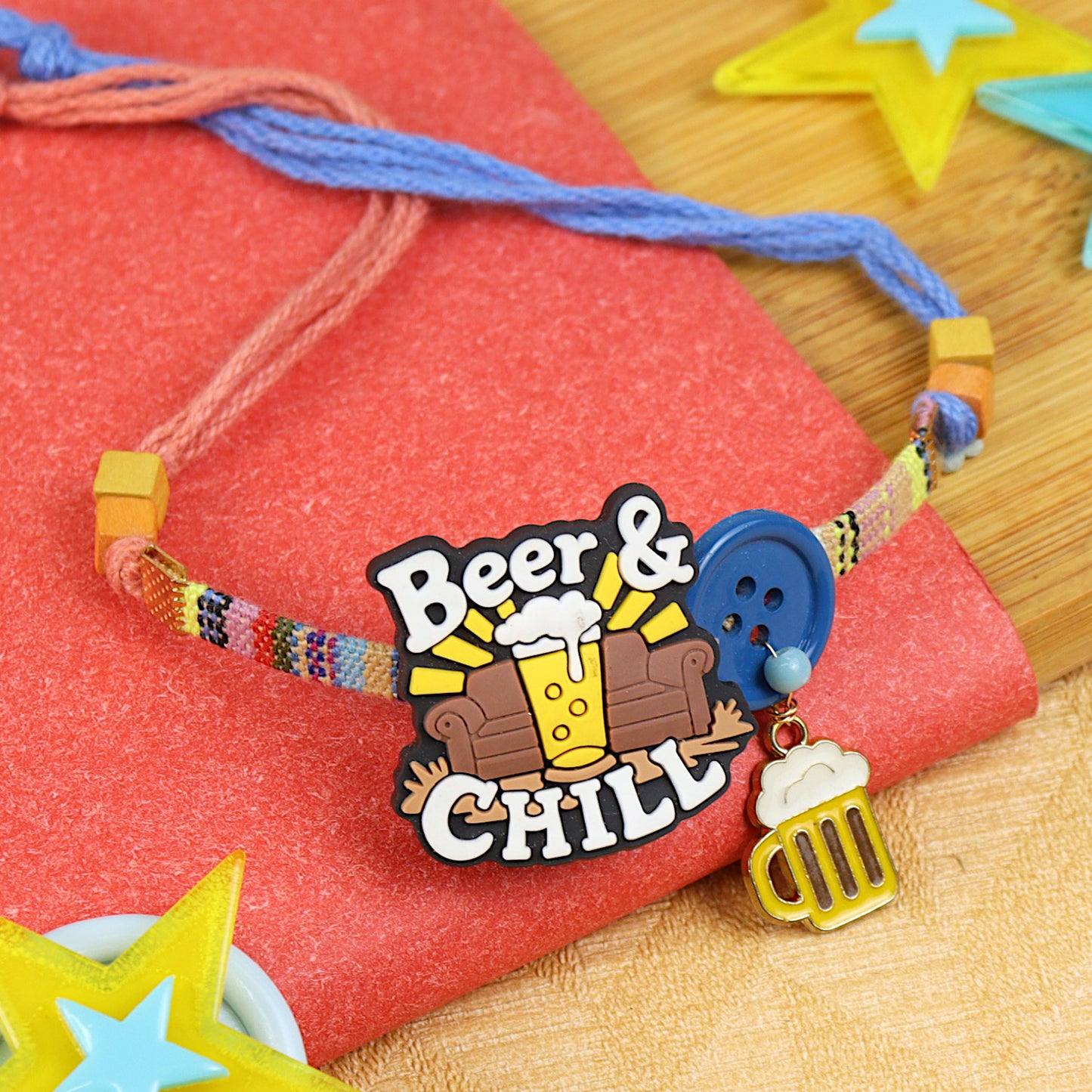 Beer and Chill Rakhi with Croc charm, laid flat