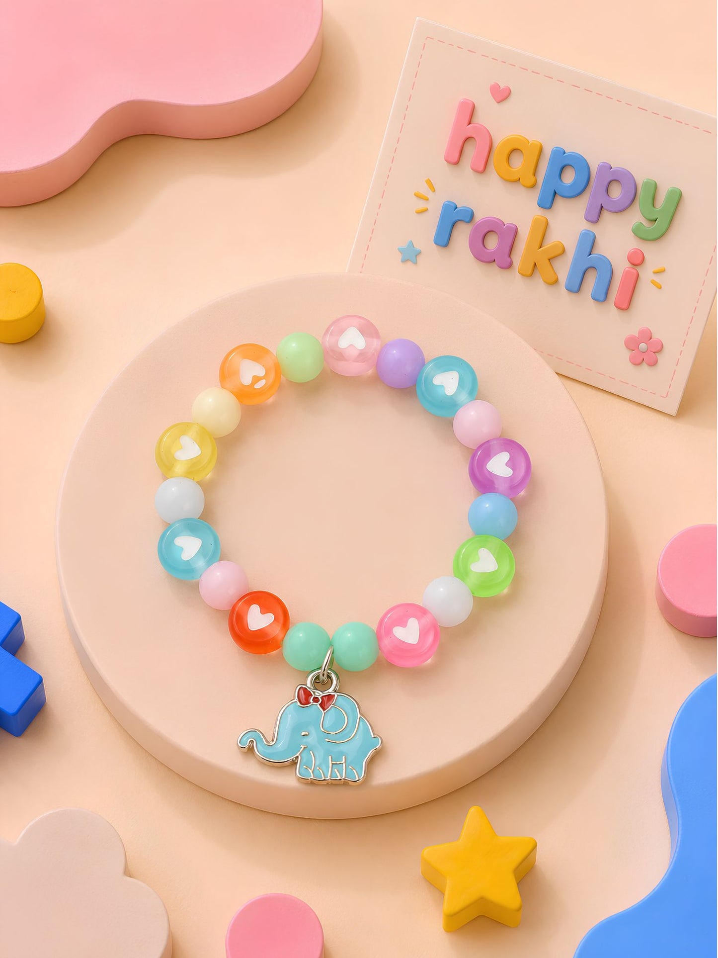 Elephant charm beaded bracelet Rakhi for girls in plastic beads and metal