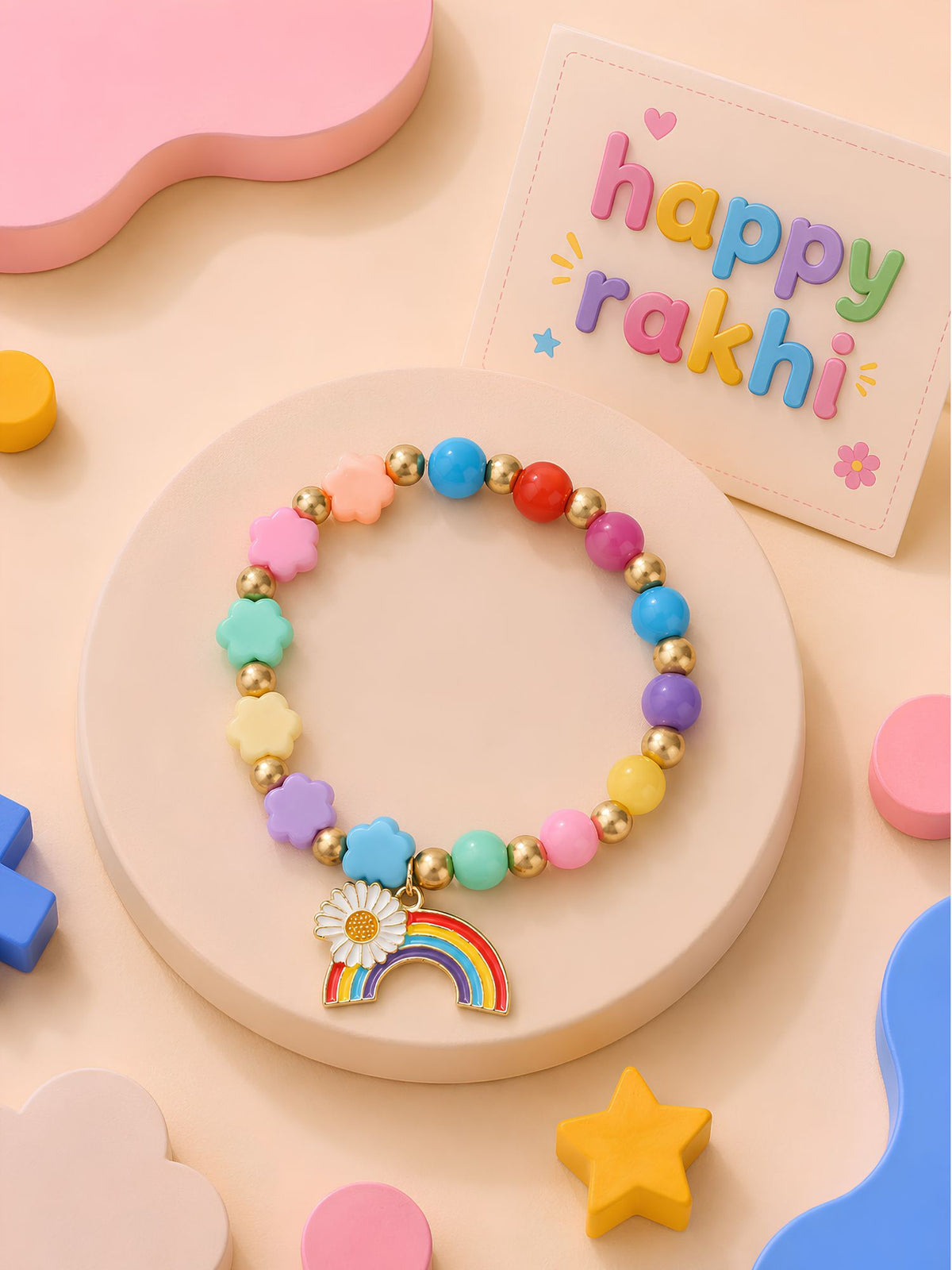Rainbow charm beaded bracelet Rakhi for girls in plastic beads