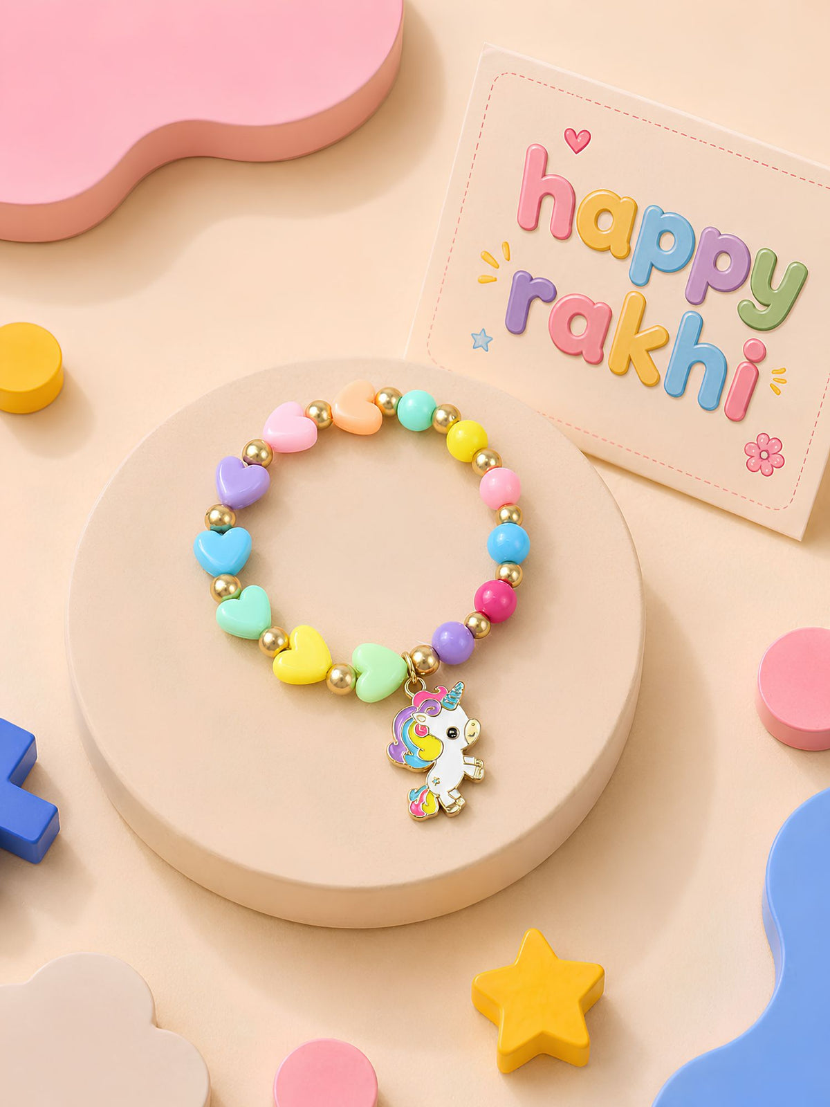 Unicorn charm beaded bracelet Rakhi for girls in plastic beads