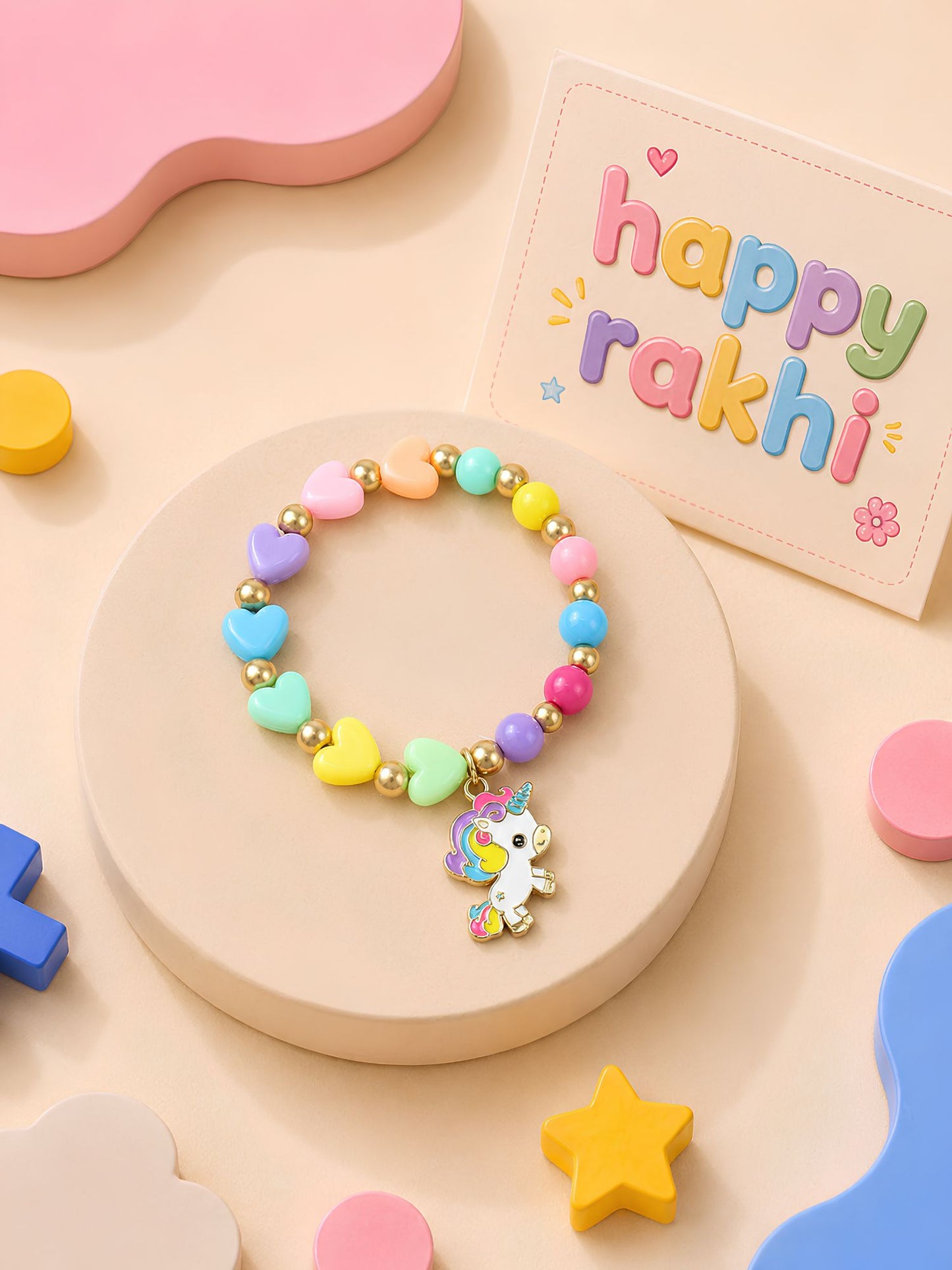 Unicorn charm beaded bracelet Rakhi for girls in plastic beads