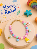 Multi-charm beaded bracelet Rakhi for girls in plastic beads and metal