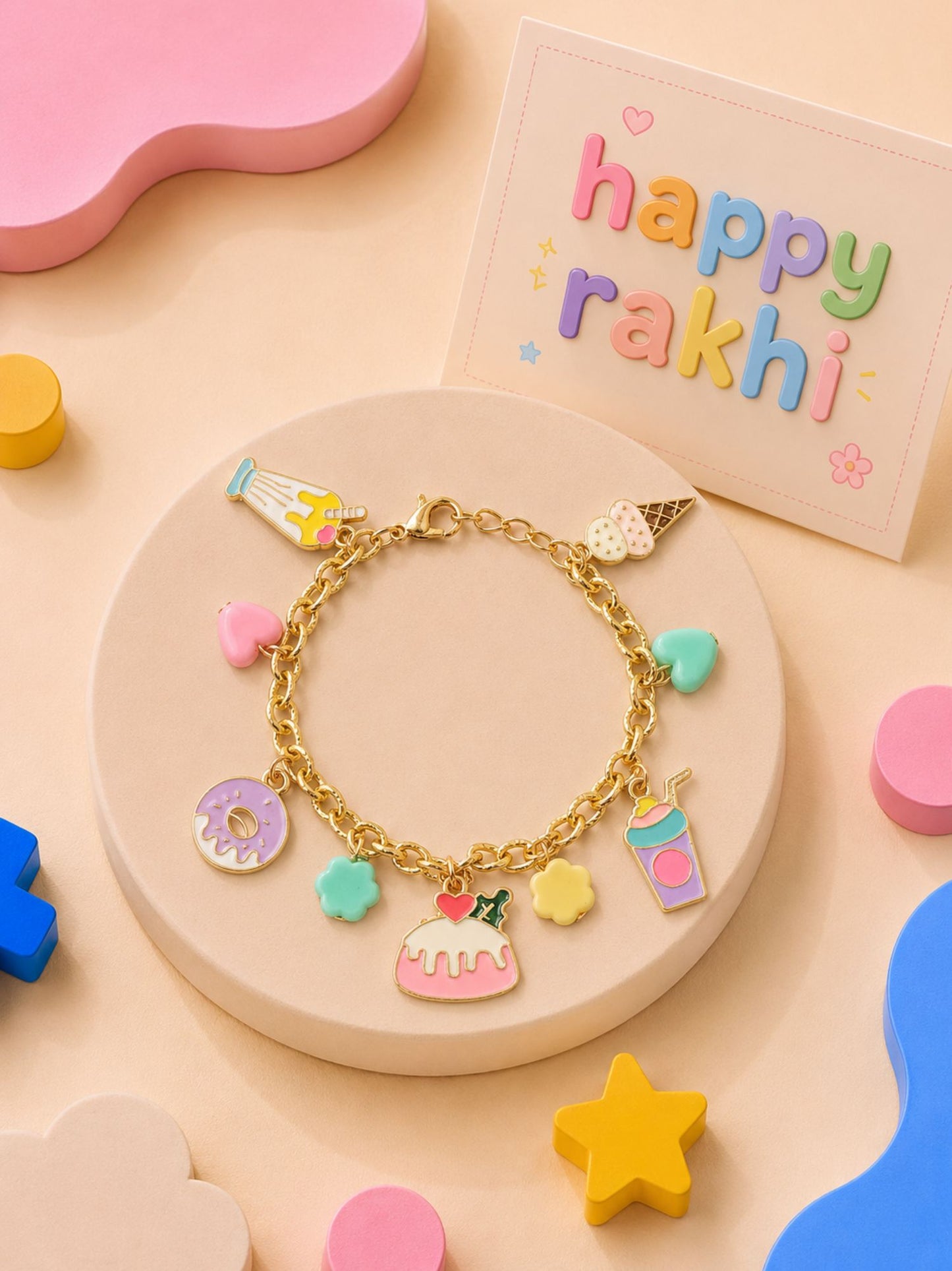 Multi-charm bracelet Rakhi for girls in plastic beads and metal charms