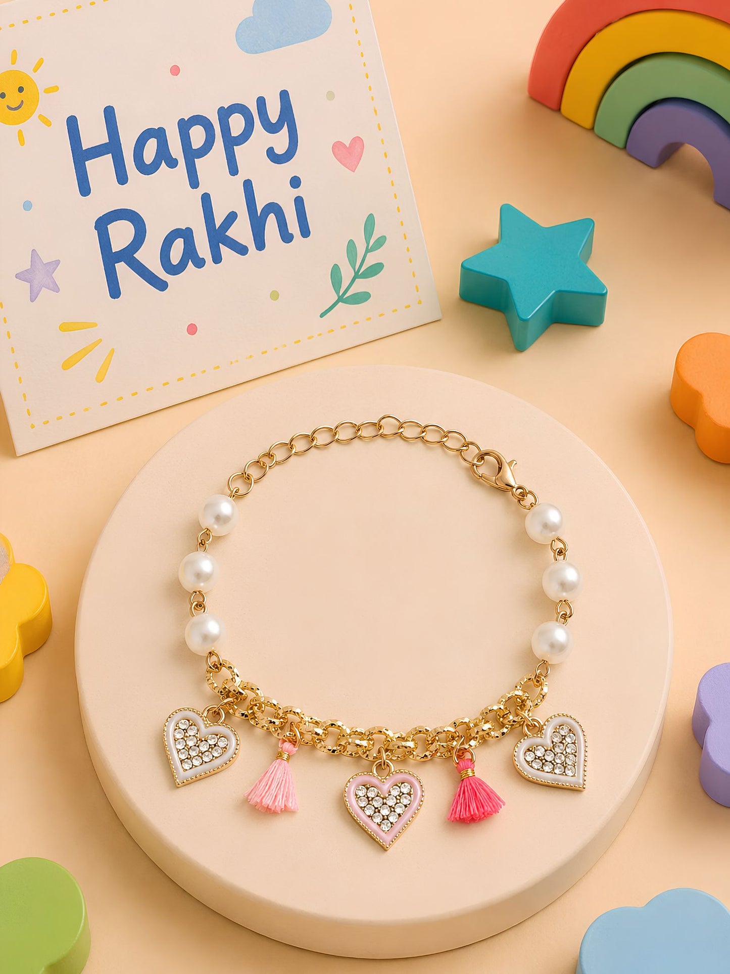 Hearts charm bracelet Rakhi for girls in plastic beads and metal