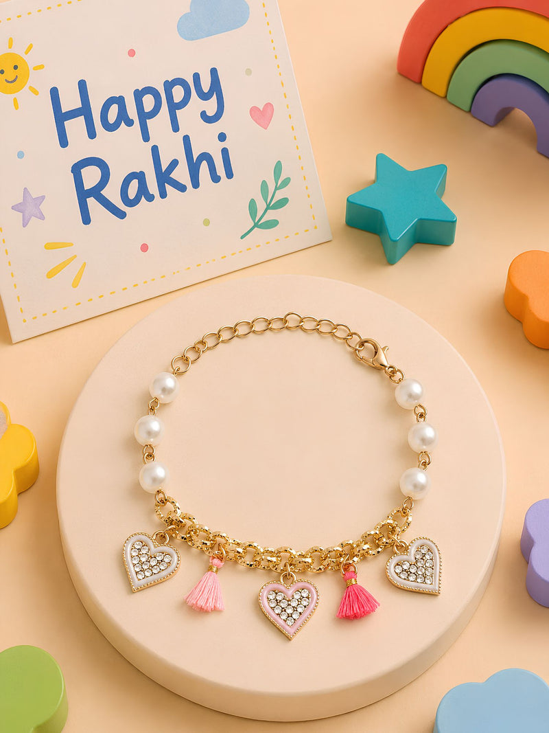 Hearts charm bracelet Rakhi for girls in plastic beads and metal