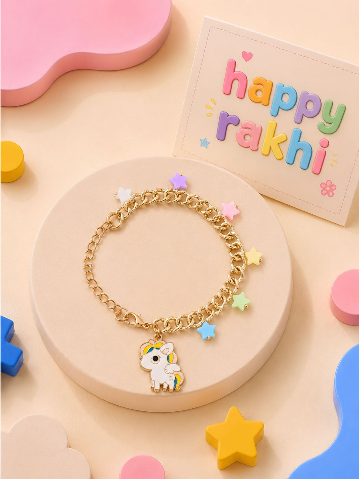 Unicorn star kids bracelet Rakhi in plastic beads and metal charms