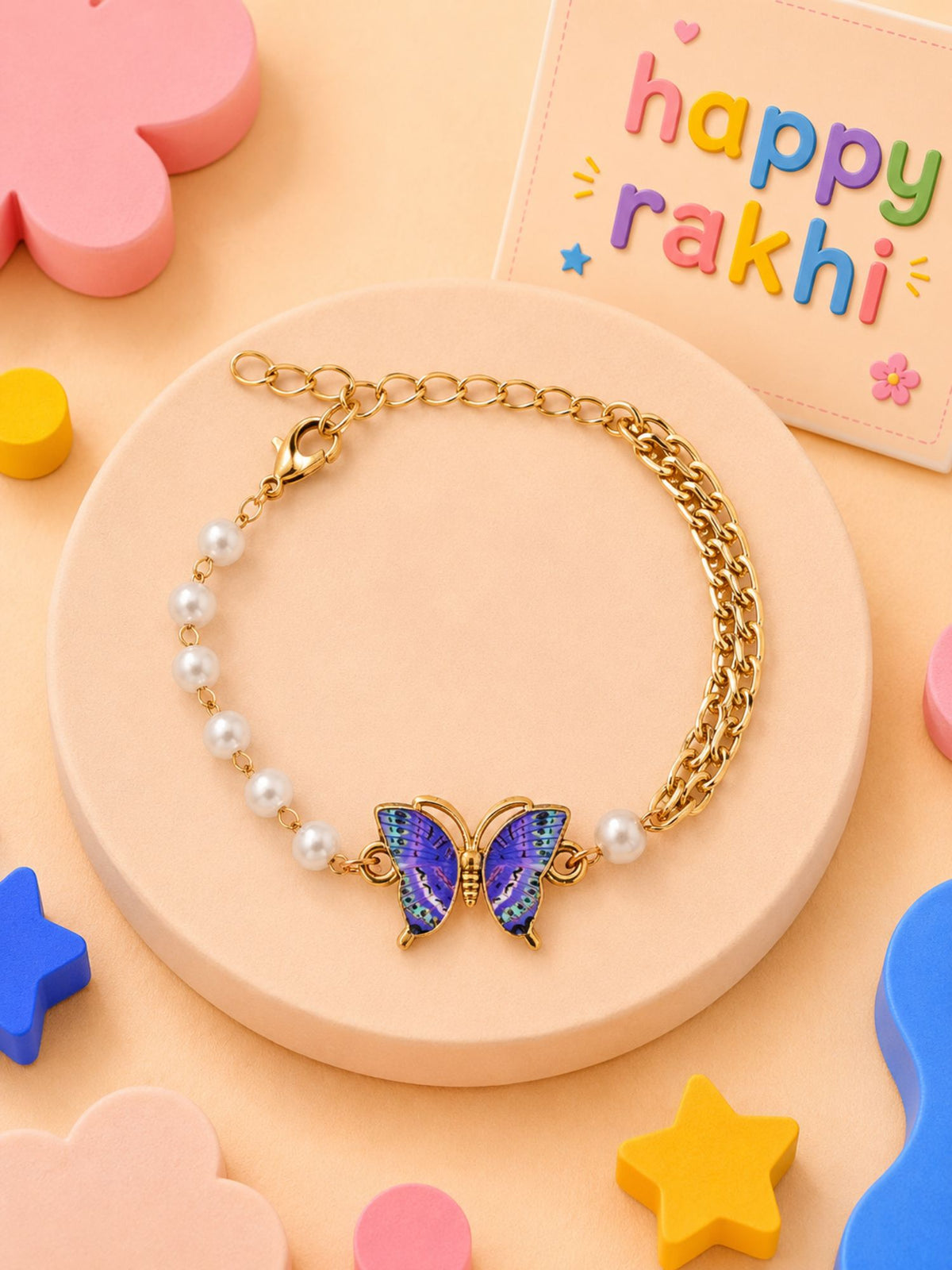 Butterfly charm bracelet Rakhi for girls in plastic beads and metal