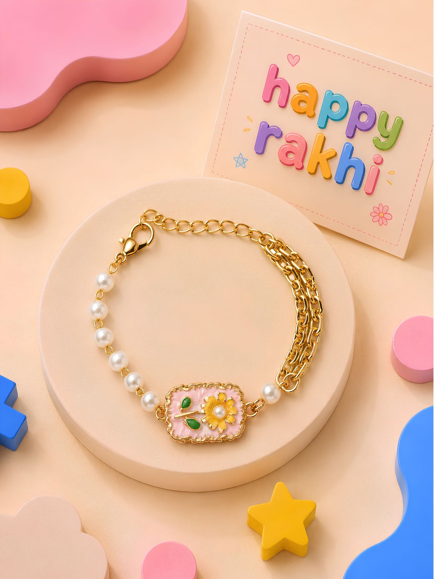 Floral charm bracelet Rakhi for girls in plastic beads and metal