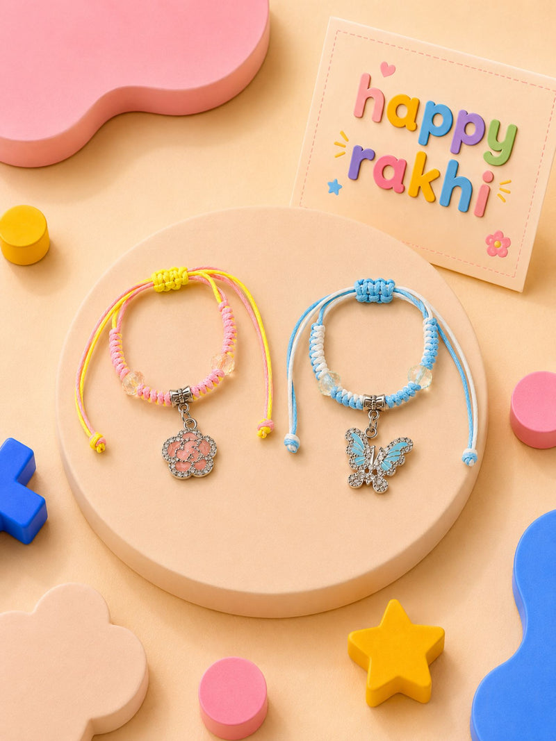 Floral and butterfly set of 2 thread work bracelet Rakhis for girls