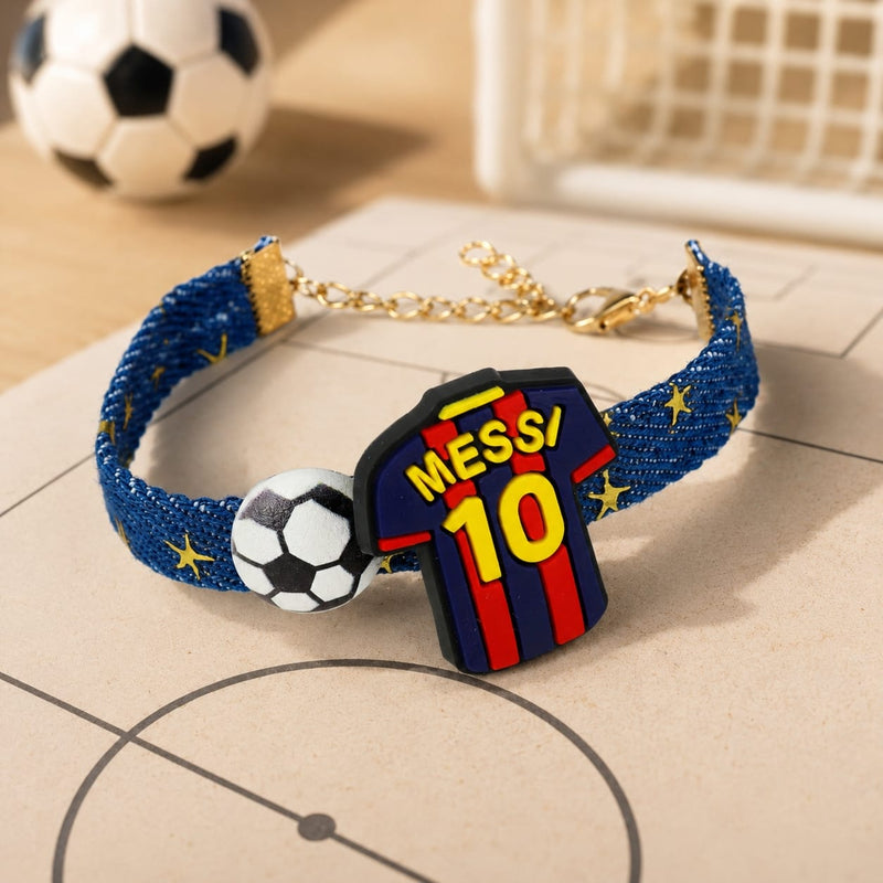 Football denim belt bracelet Rakhi, laid flat
