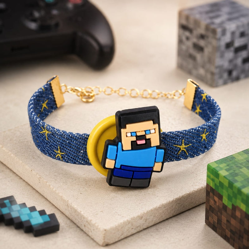 Gamer denim belt bracelet Rakhi, laid flat
