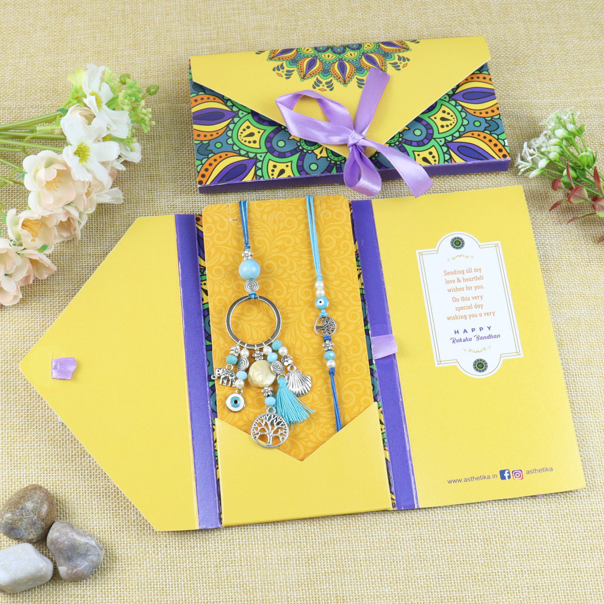 Evil Eye Tree of Life Charms Bhaiya Bhabhi Rakhi Pair in Fancy Envelope