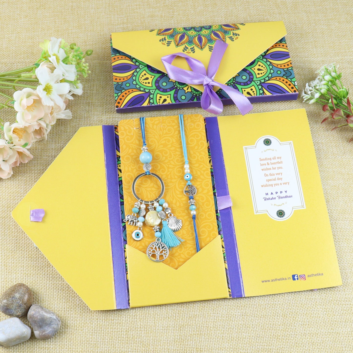 Evil Eye Tree of Life Charms Bhaiya Bhabhi Rakhi Pair in Fancy Envelope