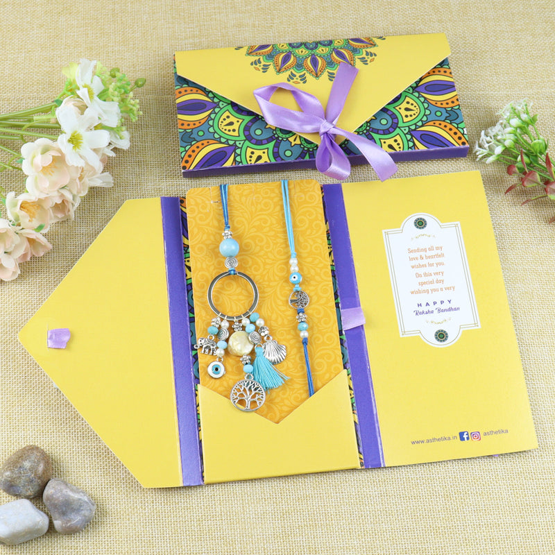 Evil Eye Tree of Life Charms Bhaiya Bhabhi Rakhi Pair in Fancy Envelope