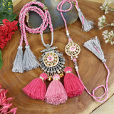 Kundan Fusion Neck Piece Bhaiya Bhabhi Rakhi Pair [Pink]
