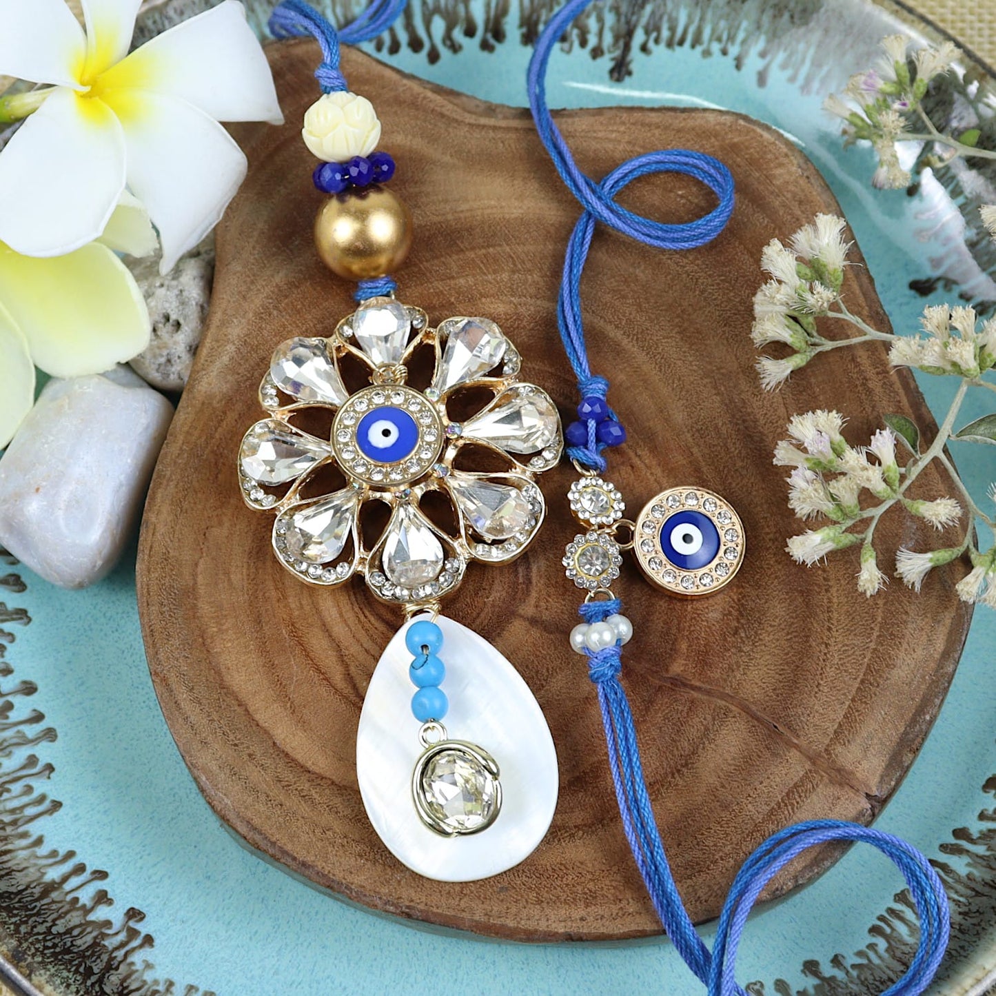 Diamond Broach Evil Eye Bhaiya Bhabhi Rakhi Pair