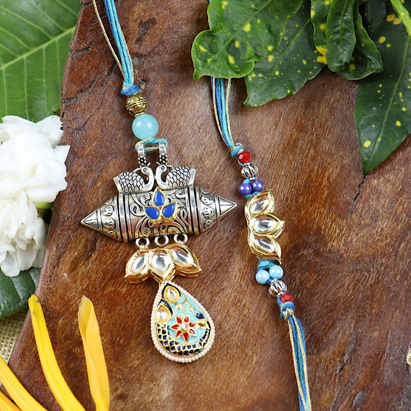 Kundan Fusion Bhaiya Bhabhi Rakhi Pair [Blue]