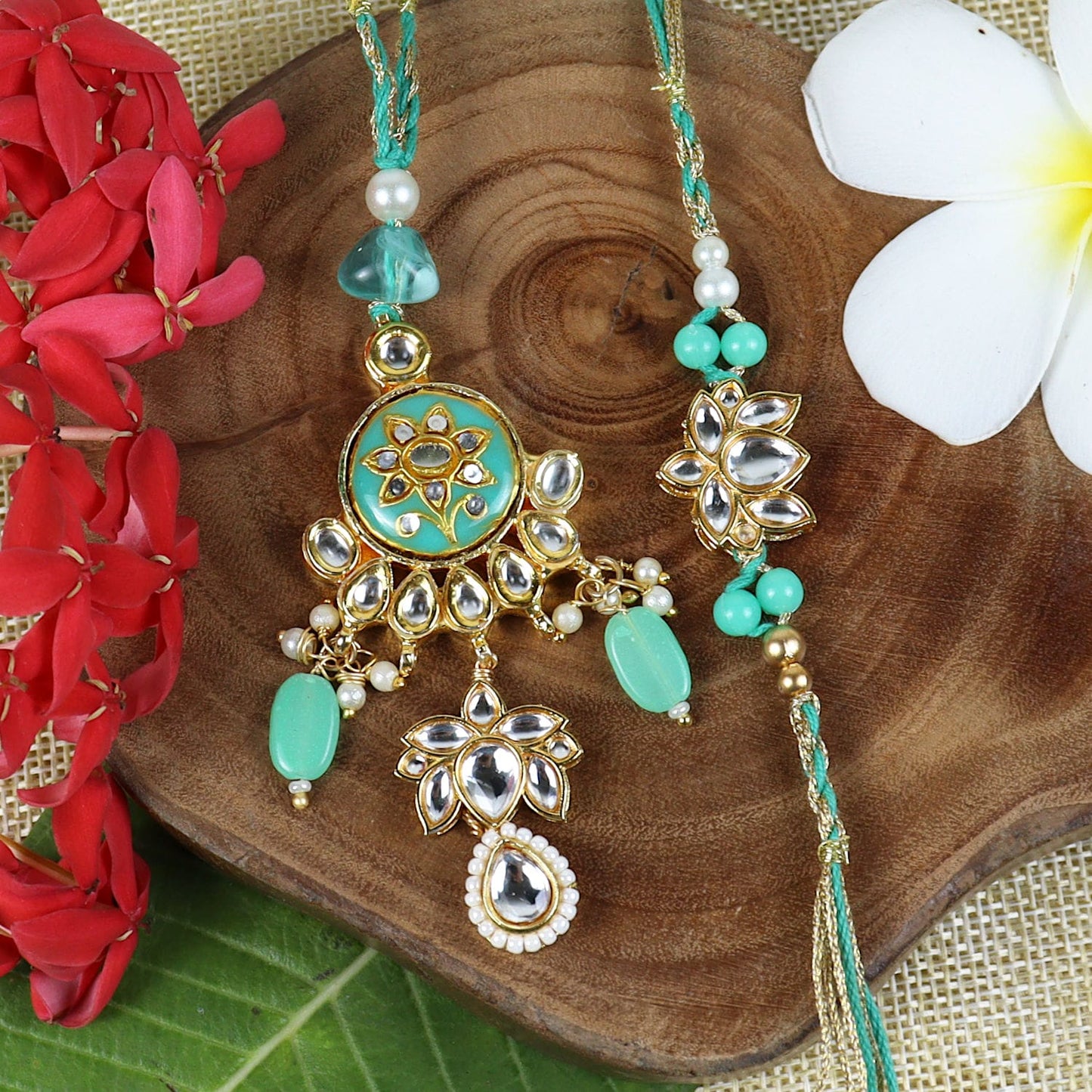 Handpainted Kundan Stone Bhaiya Bhabhia Rakhi Pair