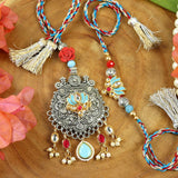 Kundan Oxidized Pendant Bhaiya Bhabhi Rakhi Pair - Blue